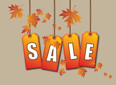 A set of swing tags spelling out the words SALE on an autumn theme.