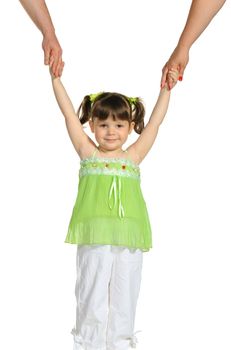 Happy pretty the little girl keeps for hands of parents. It is isolated on a white background