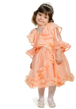 Pretty the little girl full body portrait. It is isolated on a white background