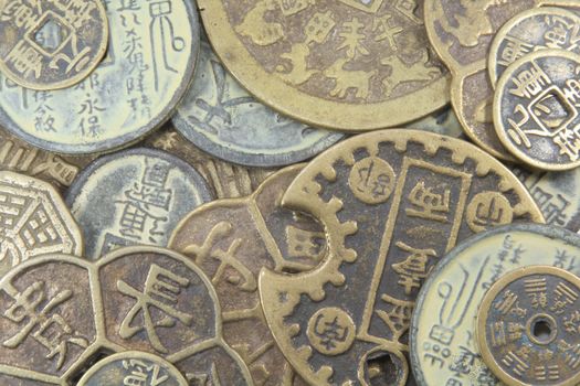 Asian Old Business Currency Coins Pile Background