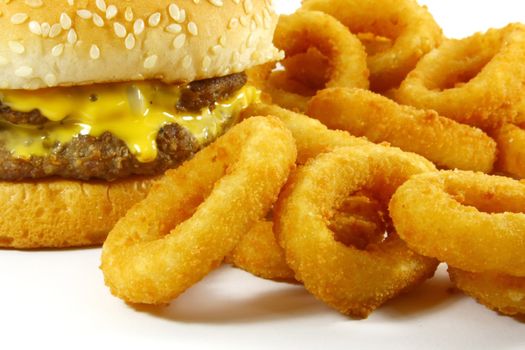 Hamburger and Onion Rings The Popular Fast Food Meal