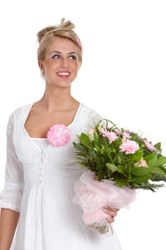 Beautiful happy young girl with pink flower bouquet
