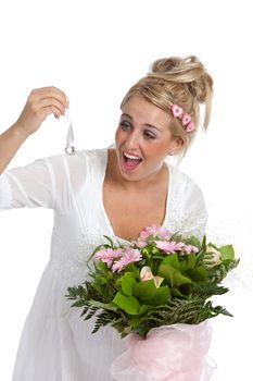 Pretty blond girl receiving a bouquet with an engagement ring hidden inside