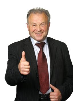 The elderly man with a thumb upwards. Sign OK. It is isolated on a white background