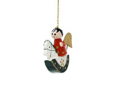 Wooden Christmas decoration with angel on horse isolated on white