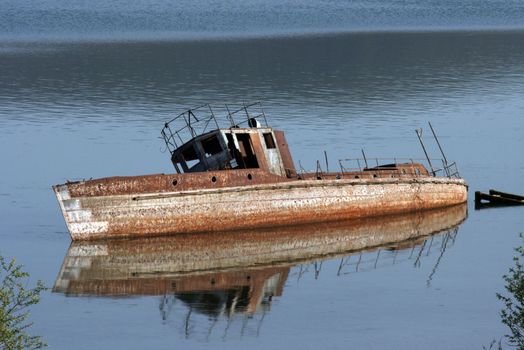 Wrecked ship in Lake Prespa in Macedonia