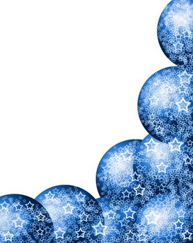 Elegant Beautiful Christmas Bright Corner Frame with Festive Blue Bauble Balls and Lacy White Stars over Blank White Background