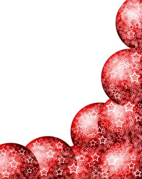 Elegant Beautiful Christmas Bright Corner Frame with Festive Red Bauble Balls and Lacy White Stars over Blank White Background