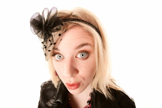 Pretty blonde woman with confused expression on her face