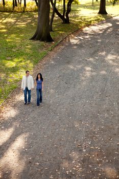 A happy couple walking in the park on a sunny day