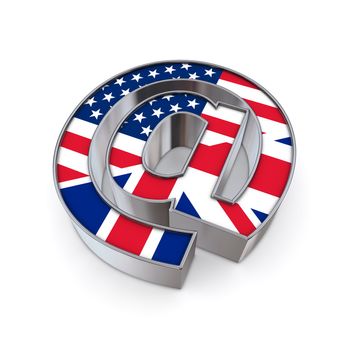 silver shiny chrome @-symbol on white background with US-UK flag texture