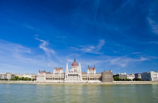 Hungarian parliament building in Budapest, panorama from river