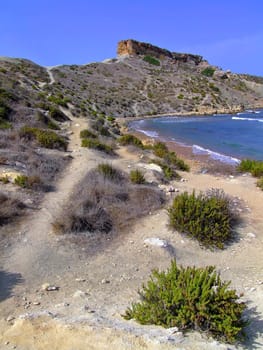 Rocky shoreline on the island of Malta - pathway along arid trek