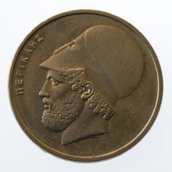 Pericles, ancient Greek leader and statesman, on 20 drachmas coin (1984), isolated on white