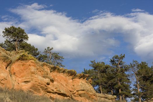 Sandstone cliffs and pine trees against blue sky at foothills of Rocky Mountain Front Range in Colorado