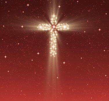 great glowing christian cross in starry night sky
