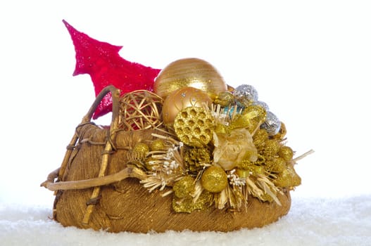 christmas basket with the Christmas tree decorations on white