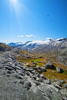 View over Stryn from Dalsnibba, high snowcapped mountains