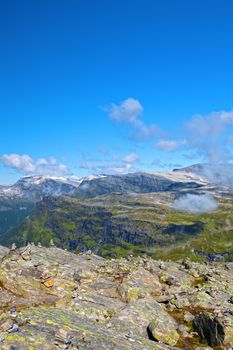 View over Stryn from Dalsnibba, high snowcapped mountains