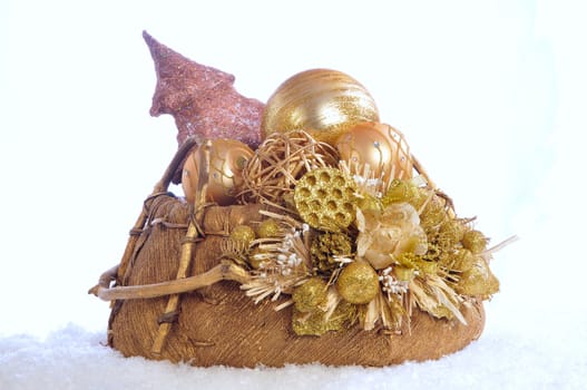 christmas basket with the Christmas tree decorations on white