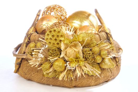 isolated christmas basket with the Christmas tree decorations on white
