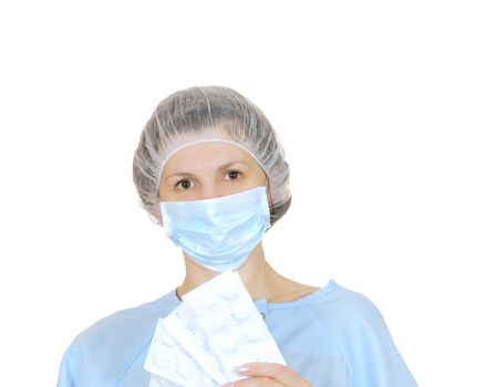 The woman in a medical mask isolated on white background