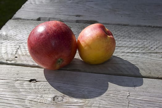 an appel and a peach on a wooden picnic table