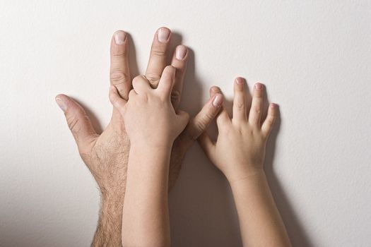 hands of son holding on to dad's hand on a white wall