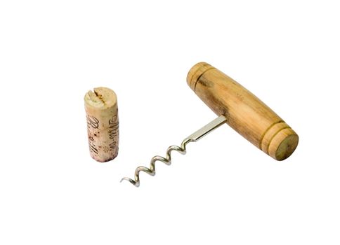cork and corkscrew isolated on white background