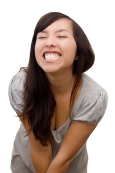 Wide laughing brunette showing teeth over white