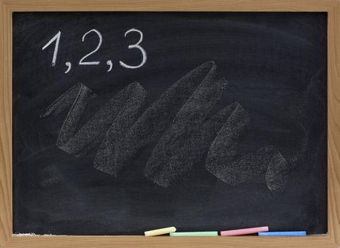numbers one, two, three handwritten with white chalk on blackboard with smudges and texture