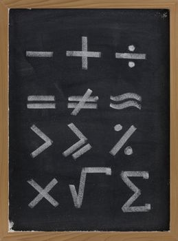 equation shapes - mathematical symbols sketched with thick white chalk lines on blackboard with eraser smudges