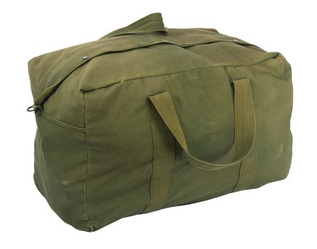 fully loaded army style green canvas duffel bag, fabric is scratched, stained and faded, isolated on white
