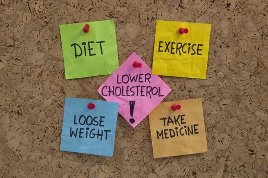 lower cholesterol concept - healthy diet, exercise, losing weight, taking medicine, presented with sticky notes on cork bulleting board