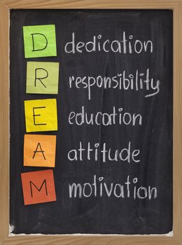 dedication, responsibility, education, attitude, motivation - DREAM acronym explained on blackboard with color sticky notes and white chalk handwriting