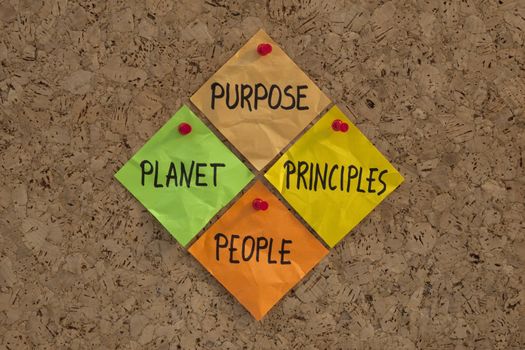 P4 (PPPP) - Purpose, People, Planet, Principles. Four cornerstones of sustainable success and a maxim for modern management and organisational philosophy, presented with color sticky notes on cork bulletin board.