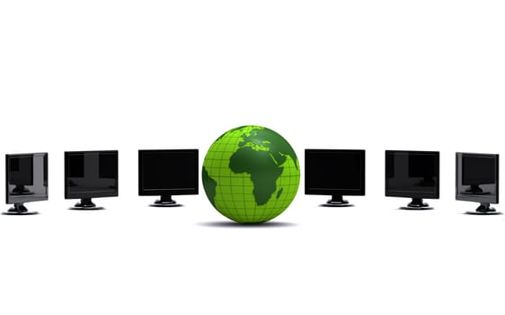 3d green globe and lcd monitors on white background