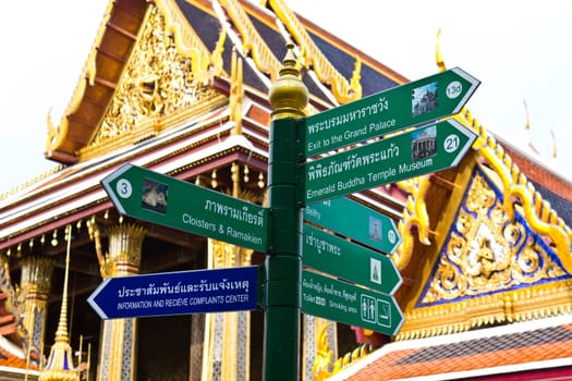 tourist guidepost in temple wat phra kaeo Bangkok Thailand