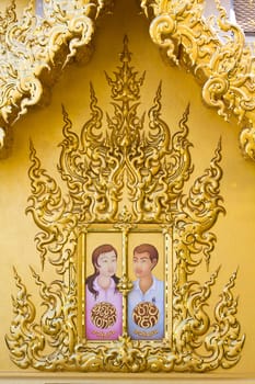Thai style of man and woman drawing in temple Thailand