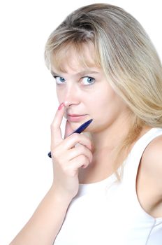 front view of smiling woman with white background