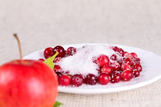 Plate of a cowberry sprinkled with sugar removed close up against a linen napkin