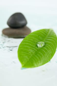 Green sheet with a dewdrop on glass splashed with water against stones removed close up