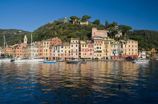 panorama of Portofino, Italy famous small town in mediterranean sea. Photo taken with polarized filter