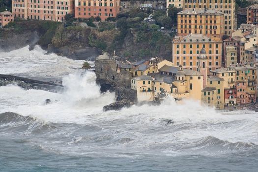 Sea storm in camogli, famous small town near Genova, italy