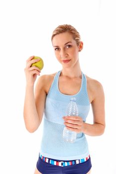 Young woman with apple and water isolated