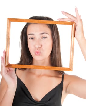 Woman with frame, studio shot, isolated on white