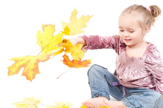 Shot of toddler playing with muple leaves in studio