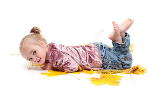 Shot of toddler playing with muple leaves in studio