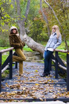 girl posing on wooden bridge in autumn