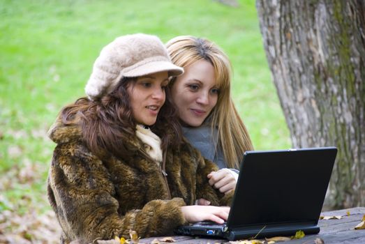 two students working out on laptop in autumn